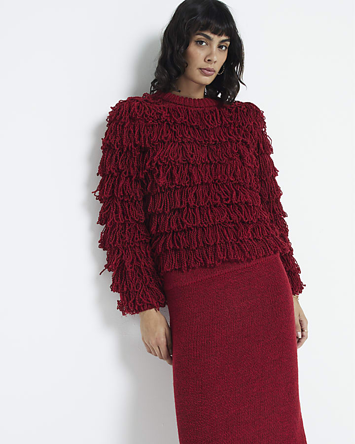 Red knit fringe jumper