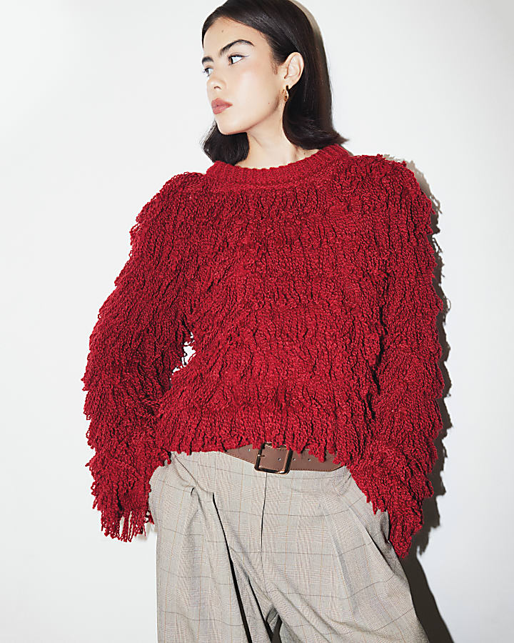 Red knit fringe jumper