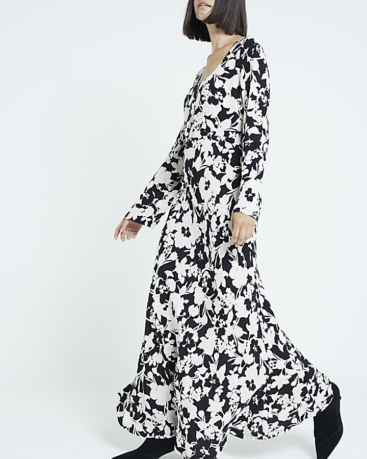 Black Floral long sleeve Midi Dress