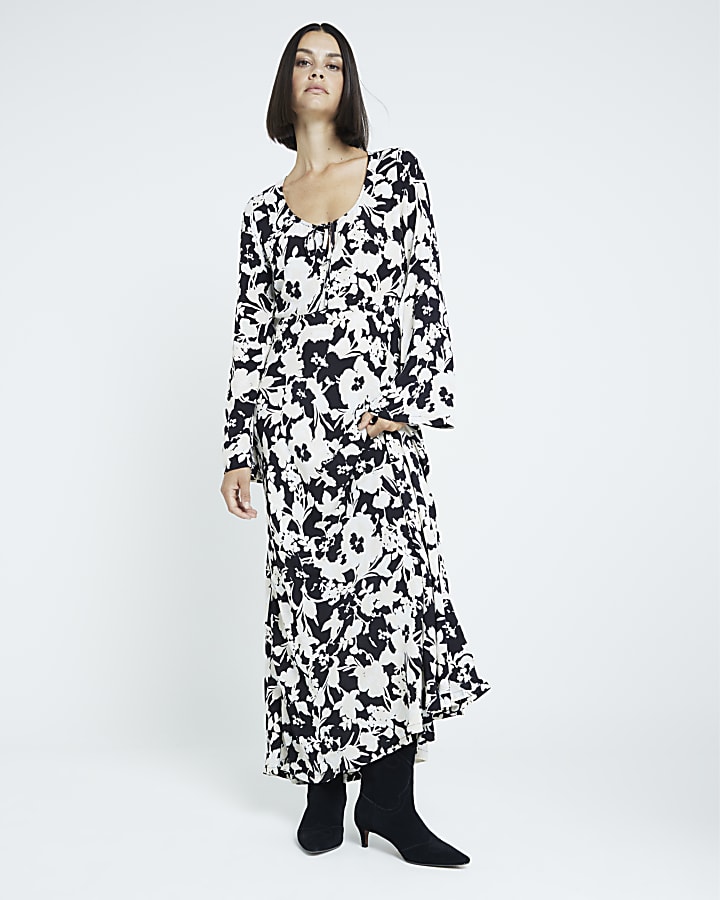 Black Floral long sleeve Midi Dress