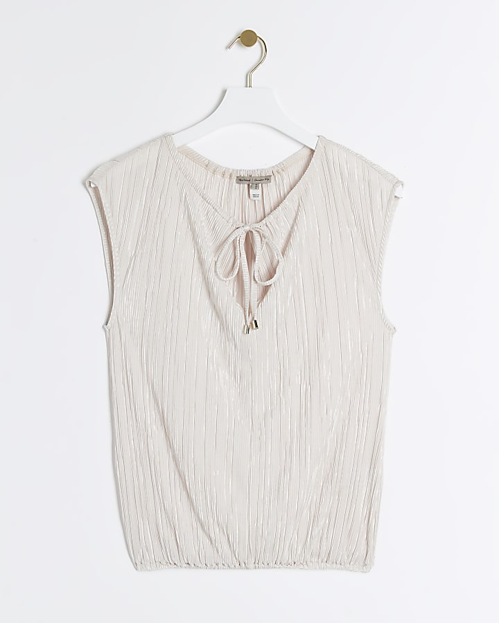 Light Beige Plisse Tie Neck Sleeveless Top