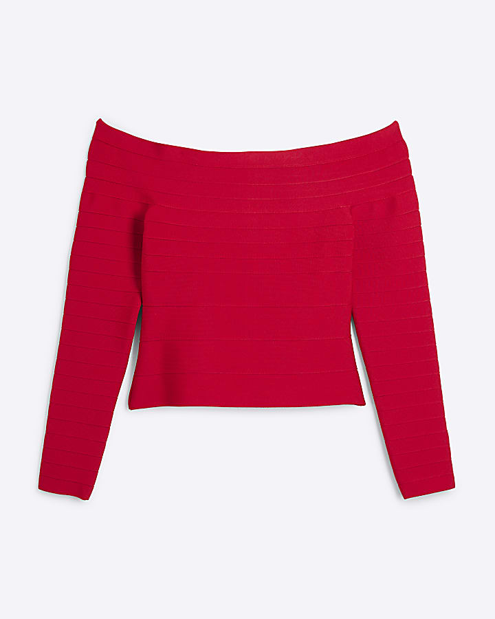 Red Long Sleeve Bandage Bardot Top