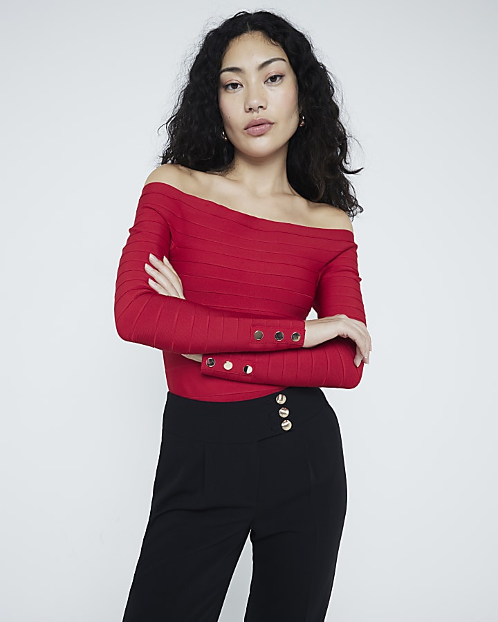 Red Long Sleeve Bandage Bardot Top