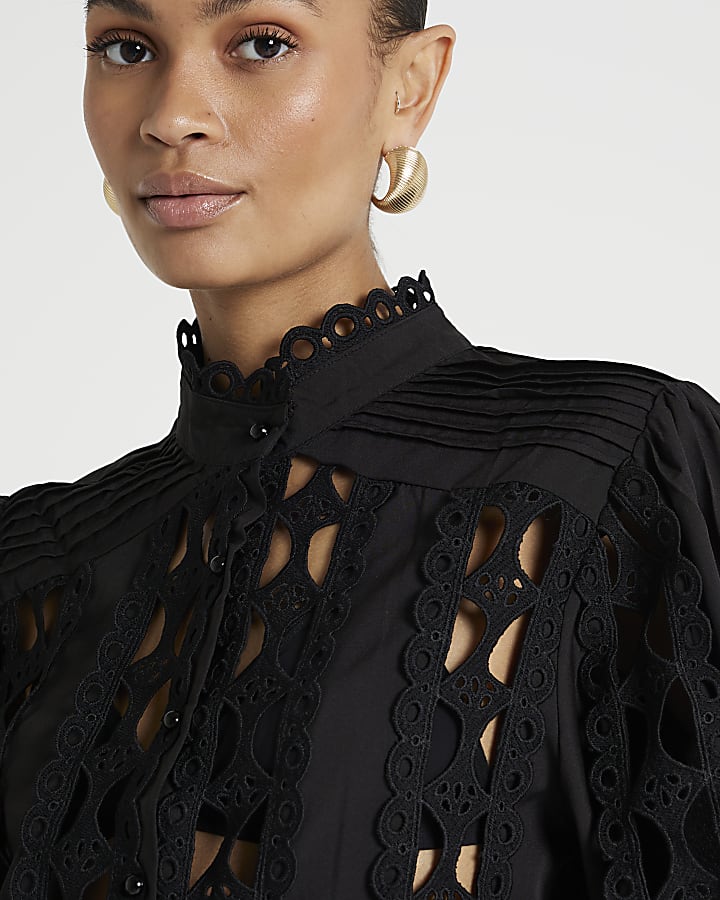 Black Lace Cutwork Blouse