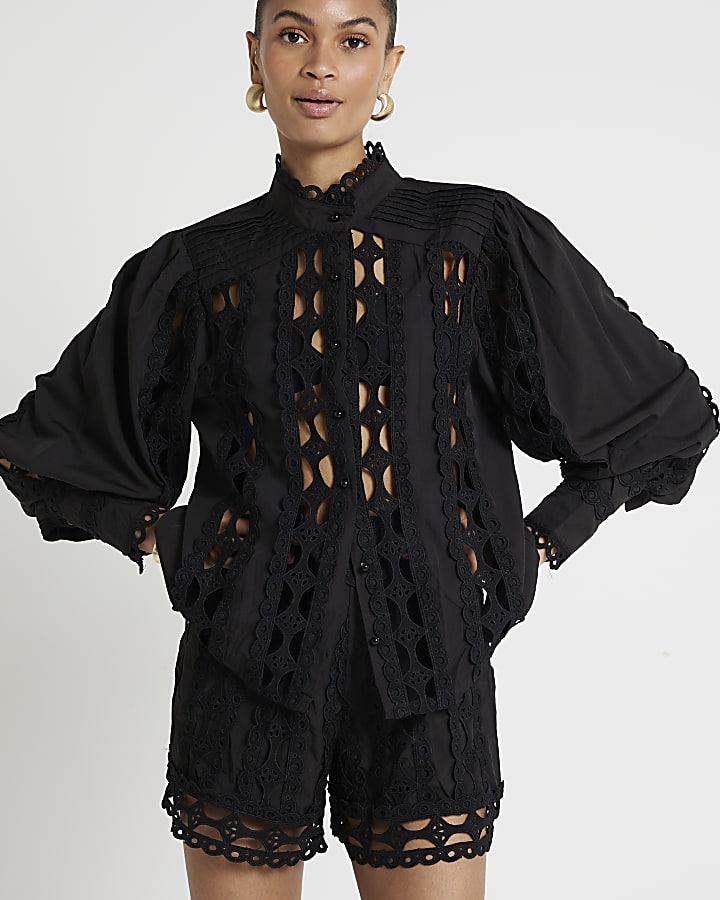 Black Lace Cutwork Blouse