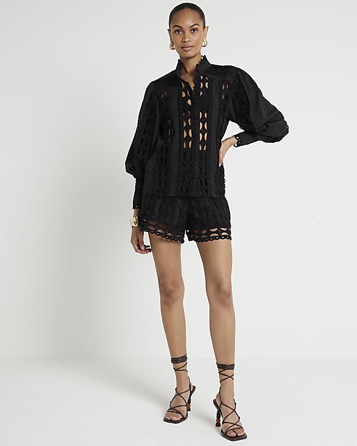 Black Lace Cutwork Blouse