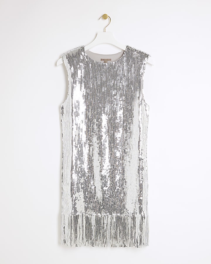 Silver sequin fringe detail mini dress