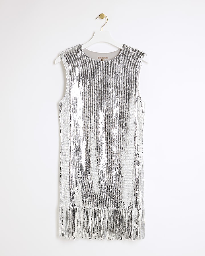 Silver sequin fringe detail mini dress