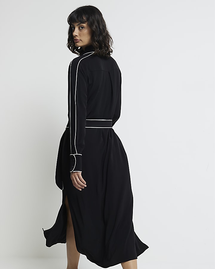 Black Long Sleeved Tipped Belted Shirt Dress