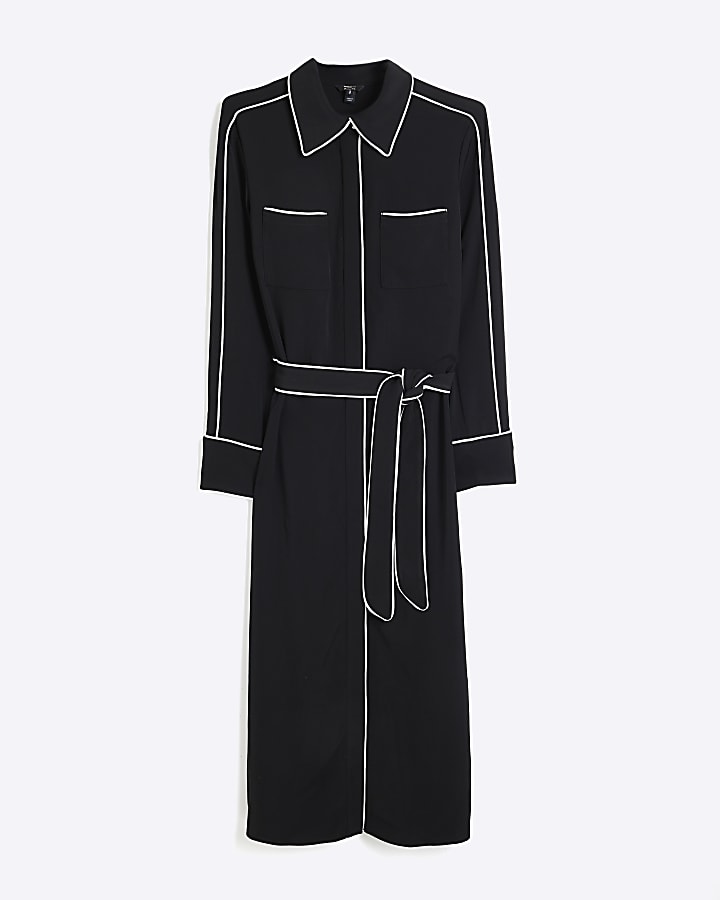 Black Long Sleeved Tipped Belted Shirt Dress