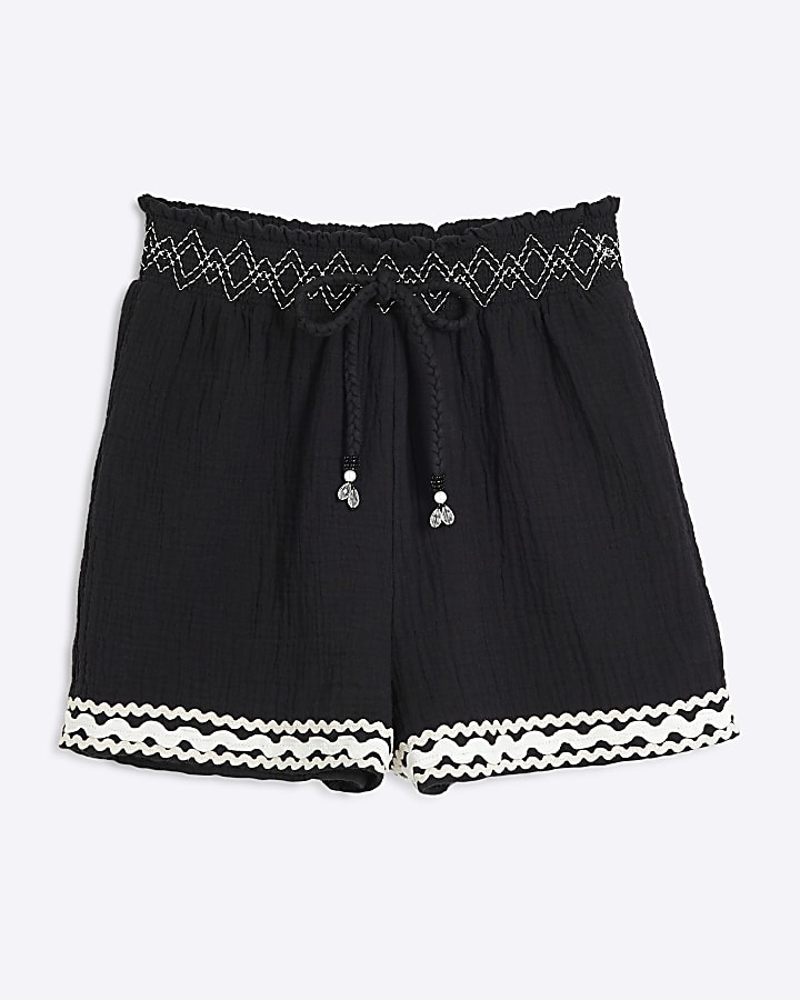 Black Shirred Beach Shorts