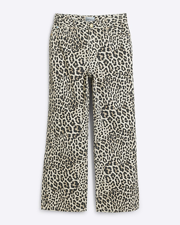 Petite brown leopard relaxed straight jeans