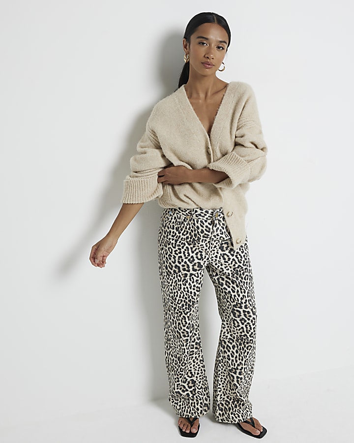 Petite brown leopard relaxed straight jeans