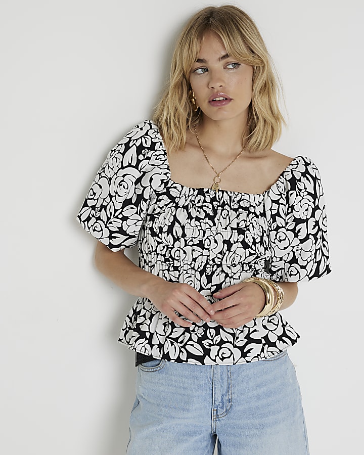 Black shirred floral puff sleeve blouse