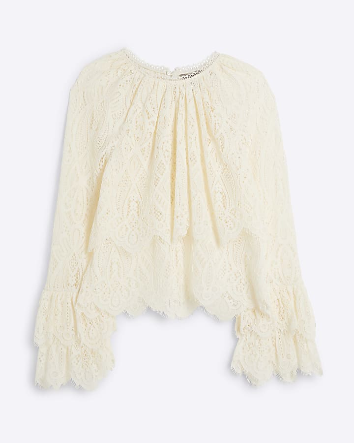 Petite cream lace frill long sleeve blouse