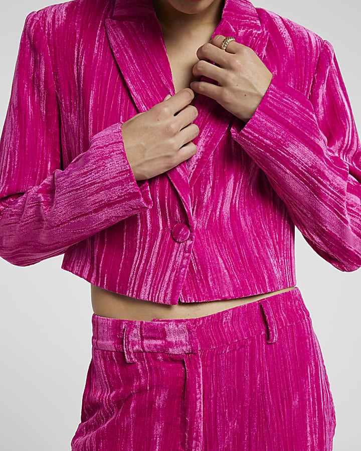 Pink Cropped Velvet Blazer