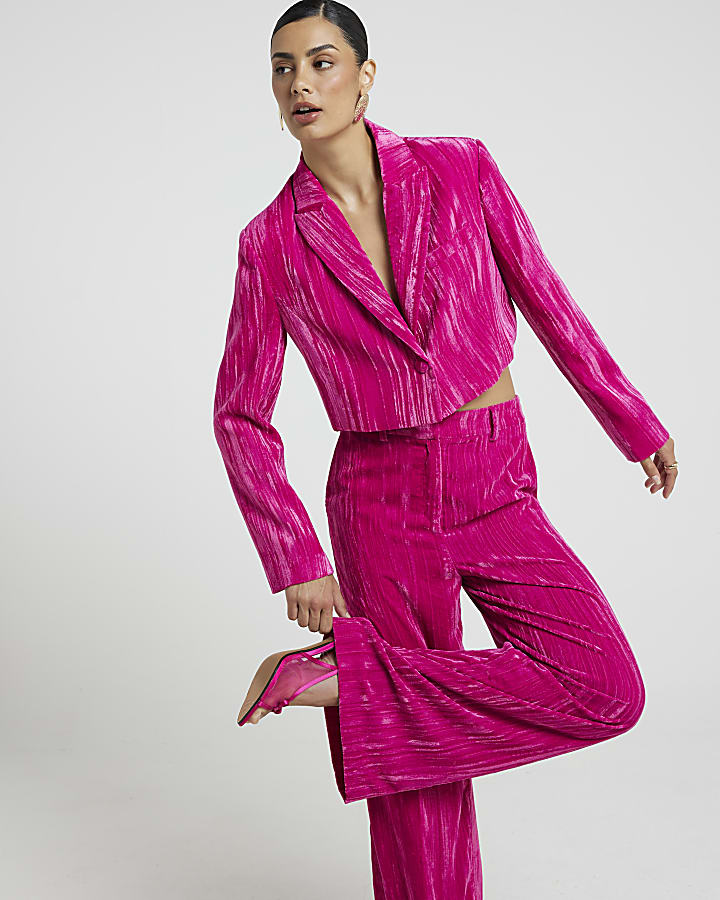 Pink Cropped Velvet Blazer
