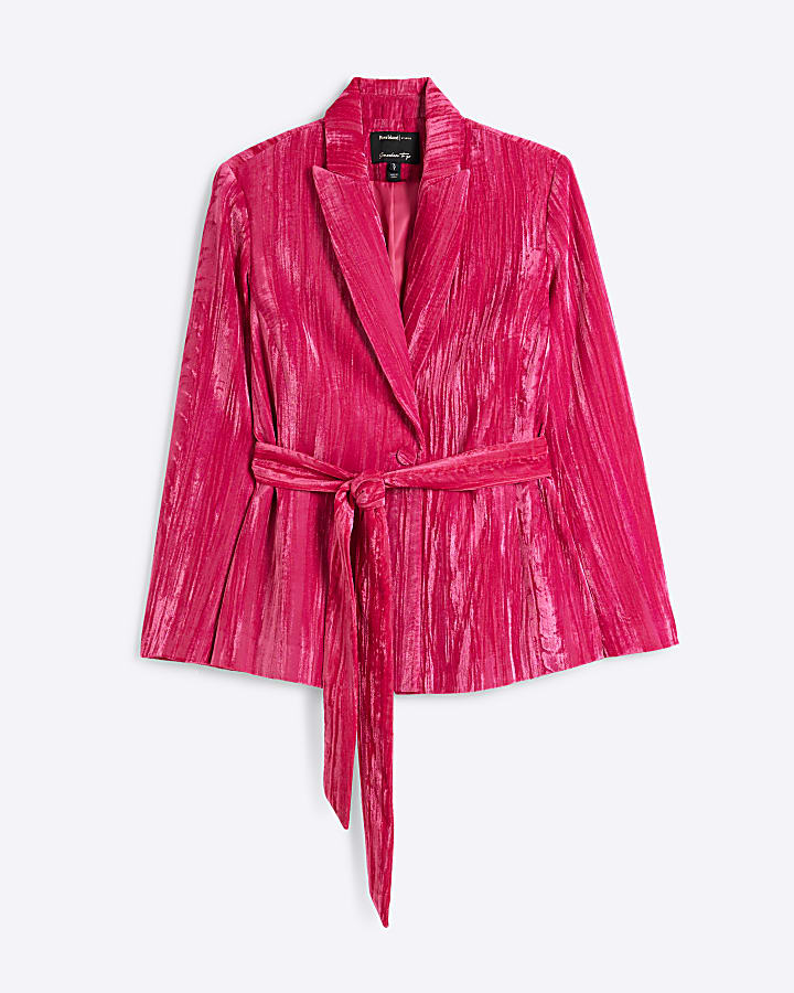 Pink Belted Wrap Velvet Blazer