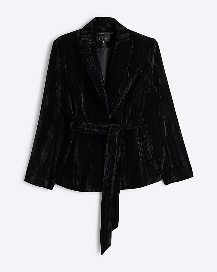 Black Belted Wrap Velvet Blazer