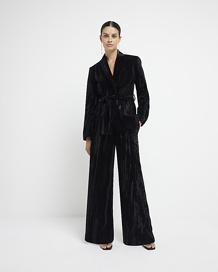 Black Belted Wrap Velvet Blazer