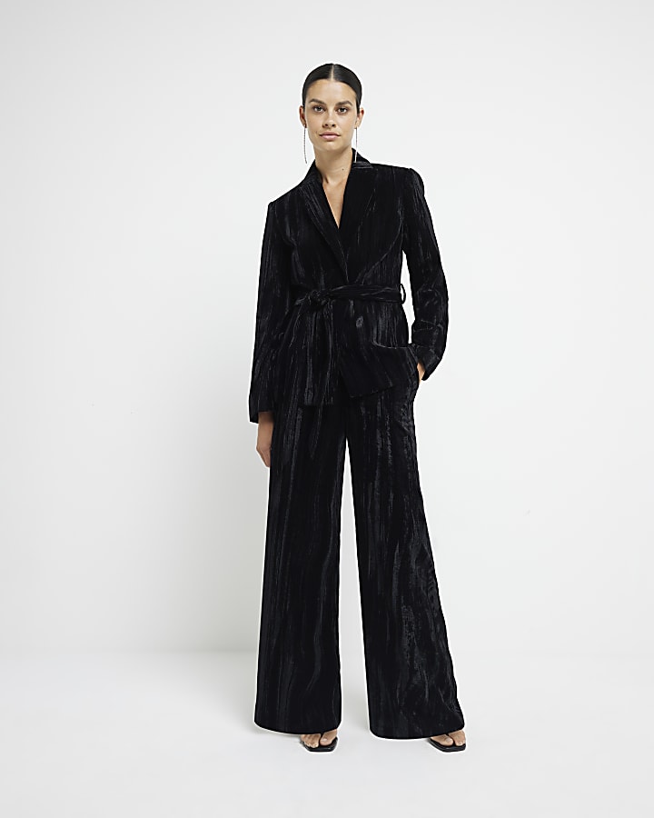 Black Belted Wrap Velvet Blazer