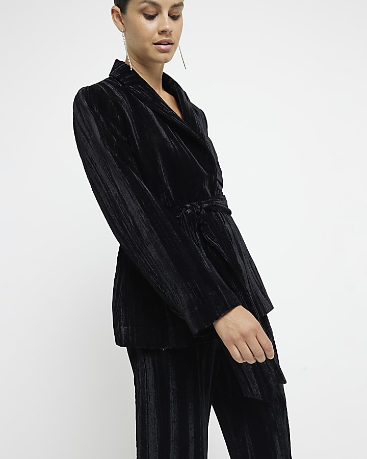 Black Belted Wrap Velvet Blazer