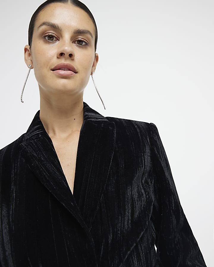 Black Belted Wrap Velvet Blazer