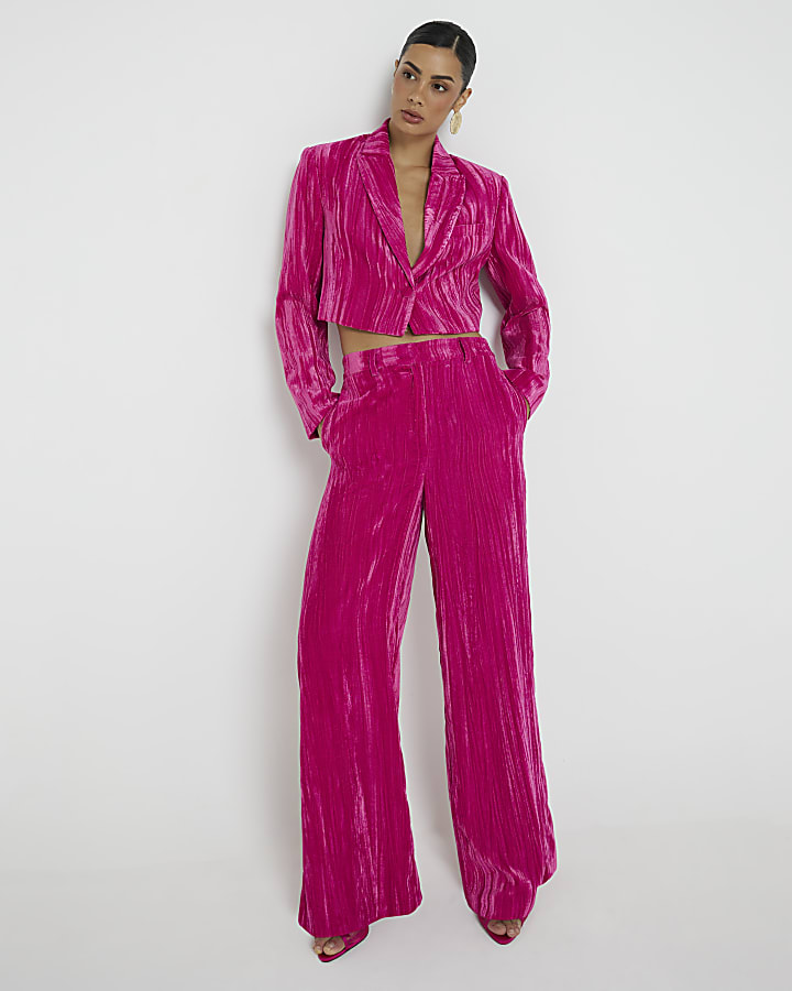 Pink Velvet Wide Leg Trousers