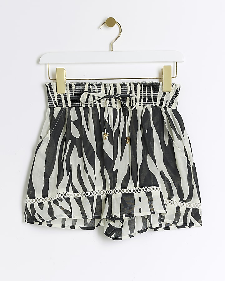 Black zebra print shirred beach shorts