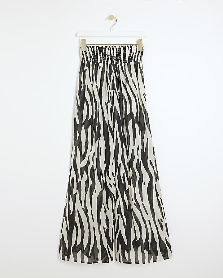 Black zebra print shirred beach trousers