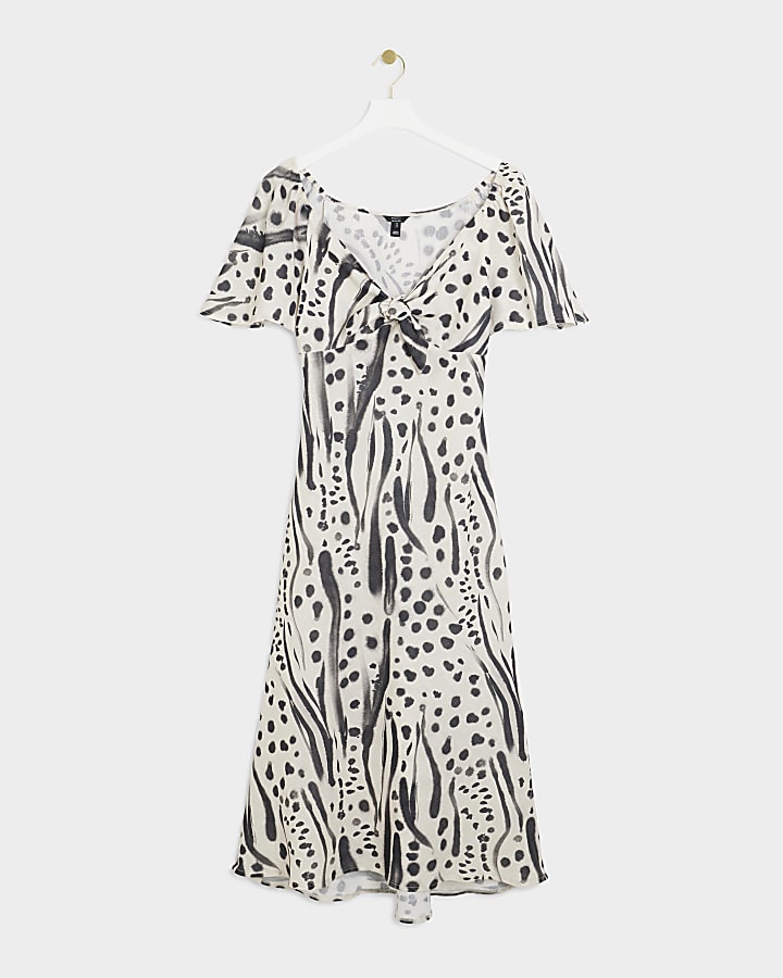 Cream abstract tie front swing midi dress