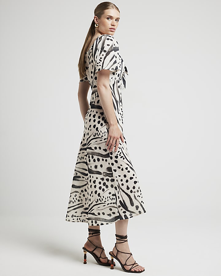 Cream abstract tie front swing midi dress