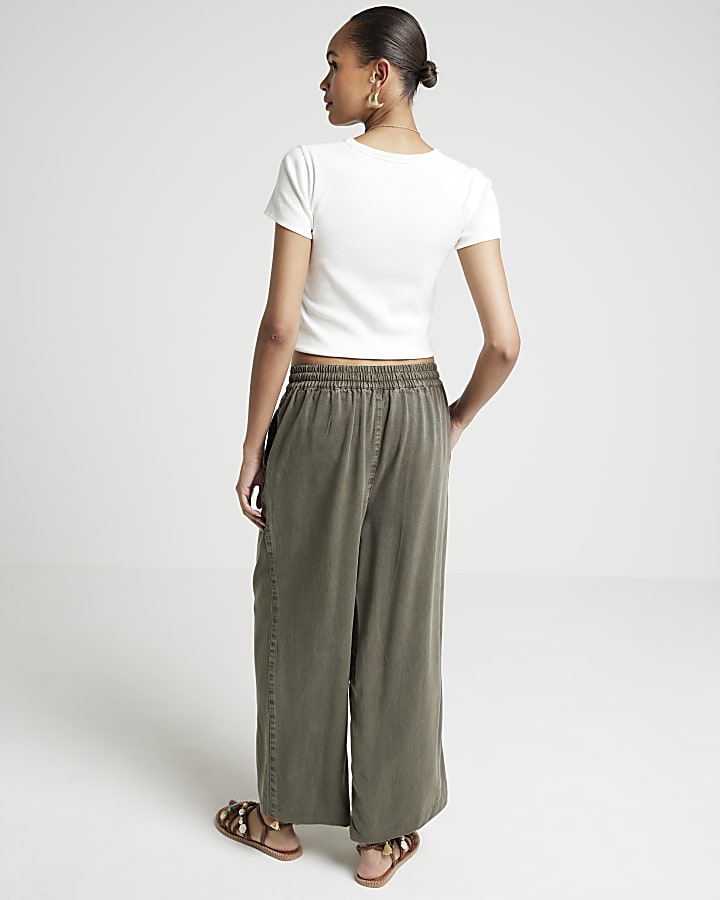 Khaki lyocell crop wide leg trousers