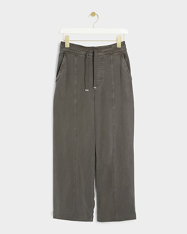 Khaki lyocell crop wide leg trousers