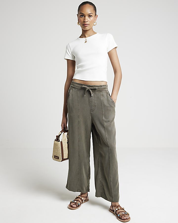 Khaki lyocell crop wide leg trousers