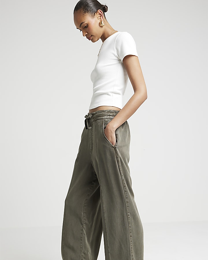 Khaki lyocell crop wide leg trousers