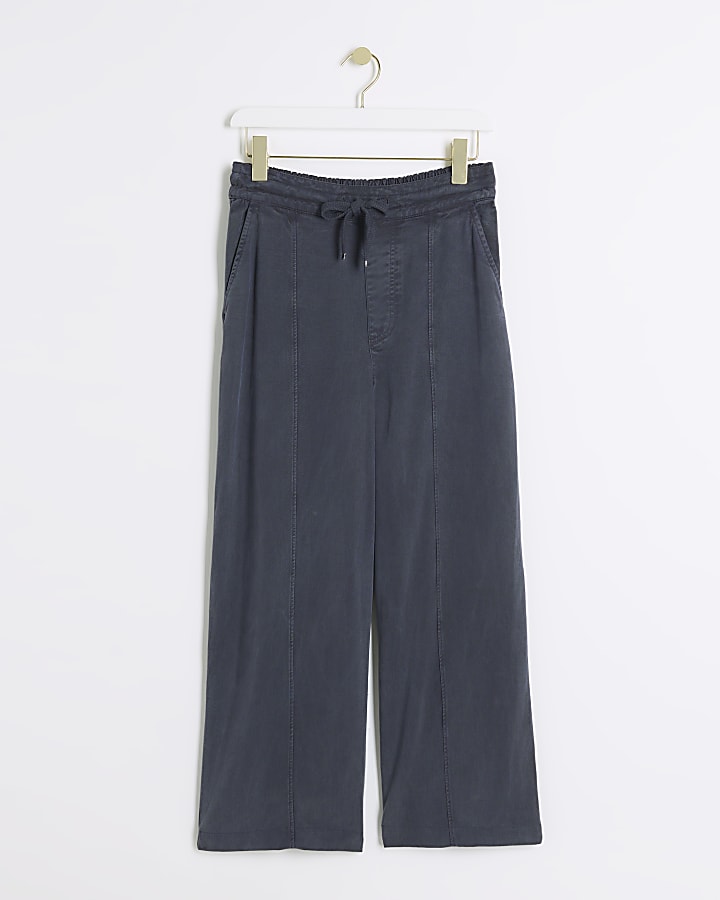 Navy lyocell crop wide leg trousers