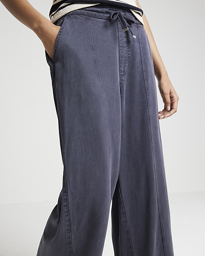 Navy lyocell crop wide leg trousers