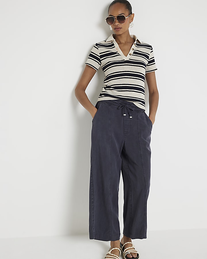 Navy lyocell crop wide leg trousers