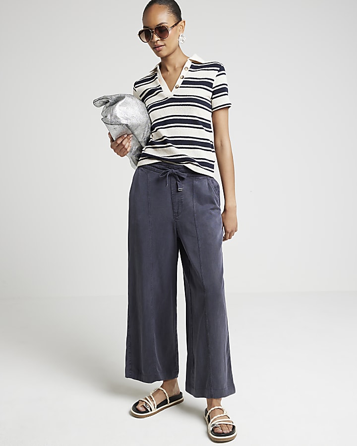 Navy lyocell crop wide leg trousers