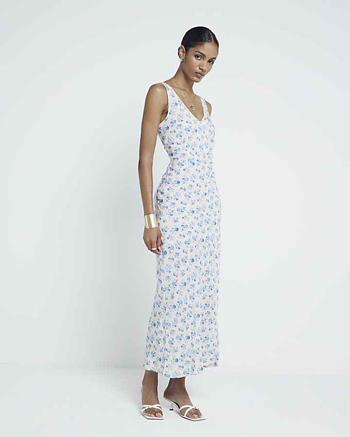 Blue floral slip midi dress