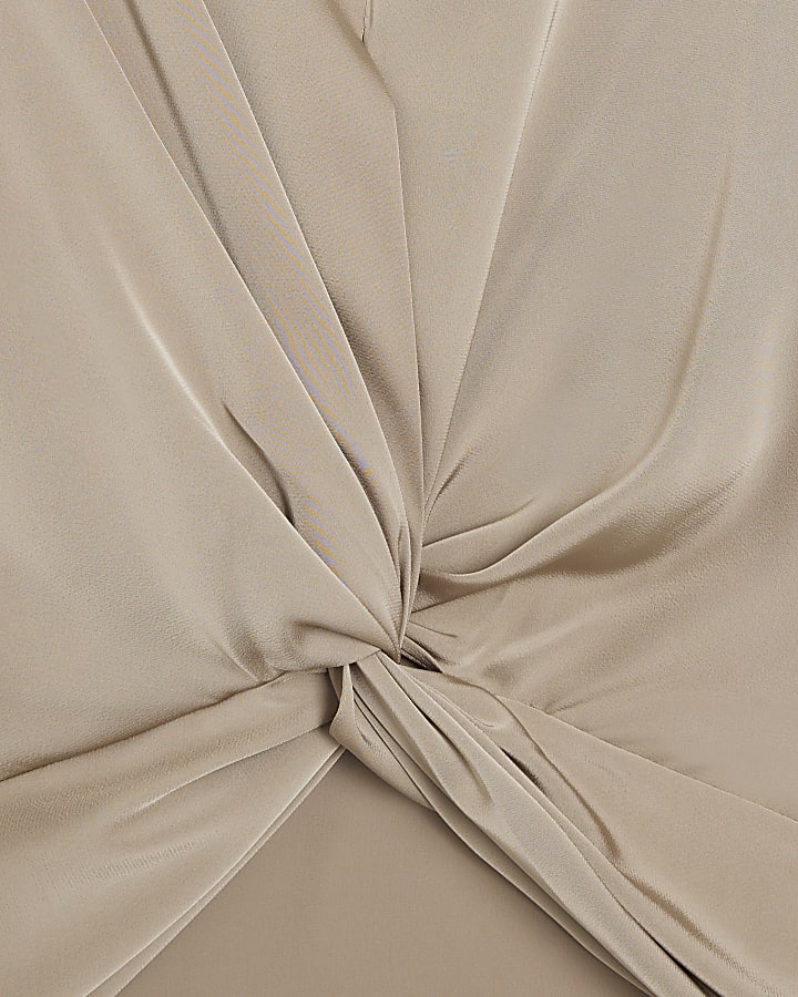 Beige satin front knot blouse