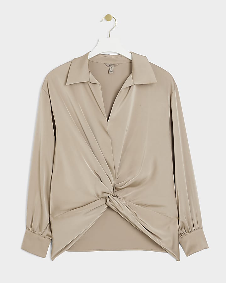 Beige satin front knot blouse