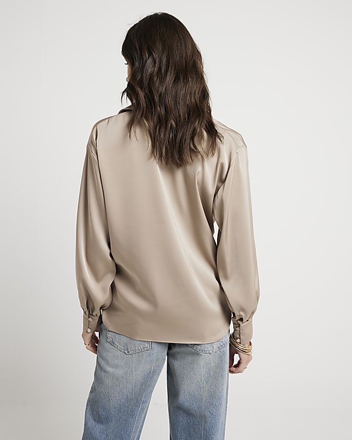 Beige satin front knot blouse