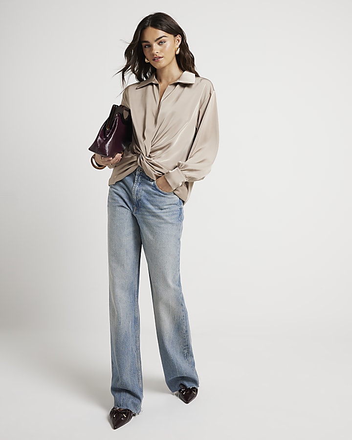 Beige satin front knot blouse