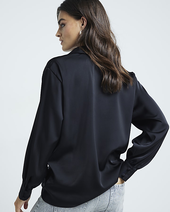 Black satin front knot blouse