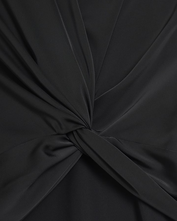 Black satin front knot blouse