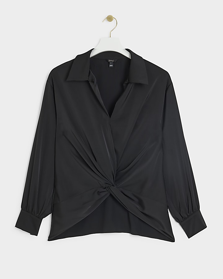 Black satin front knot blouse