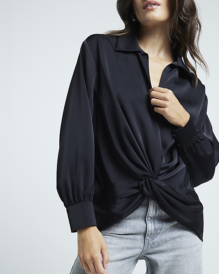 Black satin front knot blouse
