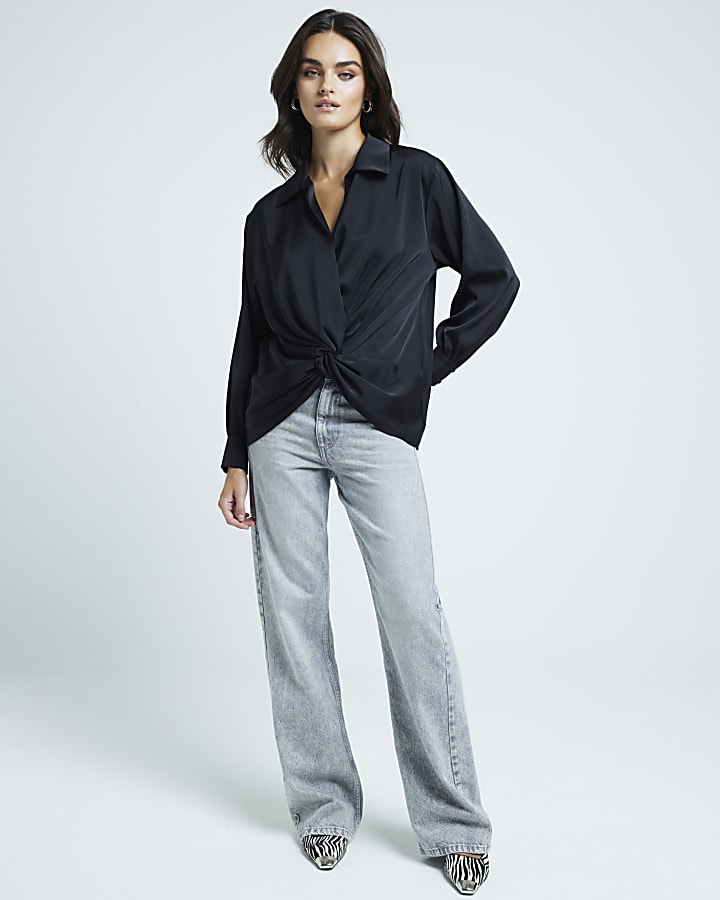 Black satin front knot blouse